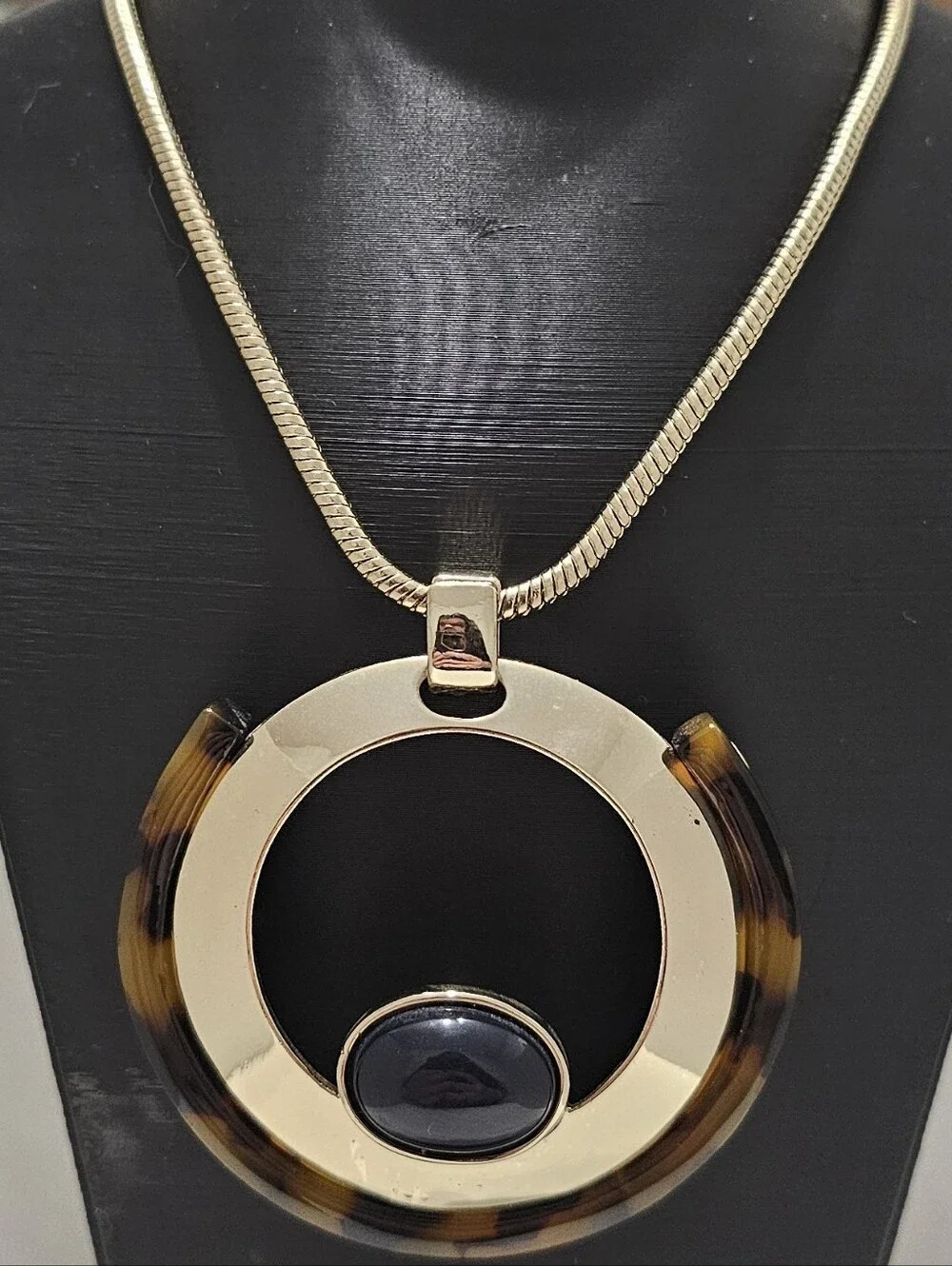 Vintage Chicos Quinn Tortoiseshell Cabochon Modernist Long Statement Necklace
